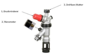 Bild von Honeywell Resideo  Systemtrenner für Auslaufventile mit Druckminderer Zubehör Manometer, Teilung 0-4 bar, R1/4, Gehäusedurchmesser 50 mm, Kunststoff, M18K-A04